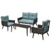 Glitzhome 4 pc Outdoor Wicker Patio Conversation Set w/ Blue Cushions and Steel Frame
