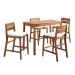 Welwick Designs Brown 5 pc Acacia Wood Rectangle Counter Height Outdoor Dining Set w/ White Cushions