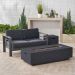 Noble House Cape Coral Grey 3 pc Metal Patio Fire Pit Set w/ Dark Grey Cushions