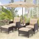 Brown 5-Piece Wicker Patio Conversation Set with Ottoman and Beige Cushions