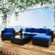 Brown 6-Piece Wicker Rattan Outdoor Patio Sectional Sofa Set with Blue Cushion, Glass Tabletop