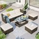 5-Piece Wicker Outdoor Sectional Set with Beige Cushions, Lift Top Coffee Table