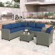 Modern 5-Piece Gary Wicker Outdoor Conversation Set with Blue Cushions, Coffee Table