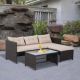 Outsunny 3-Piece Metal Plastic Rattan Patio Conversation Set with Beige Cushions, Chaise Lounger, Sofa, and Coffee Table