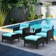 Outsunny 5-Piece Metal Frame Plastic Rattan Patio Conversation Set w/ Blue Cushions, 2 Chairs, 2 Ottomans, and Table