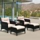 Outsunny 5-Piece Metal Frame Plastic Rattan Patio Conversation Set w/ Beige Cushions, 2 Chairs, 2 Ottomans, and Table