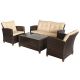 Outsunny Brown 4-pc Iron Plastic Rattan Patio Furniture Set with Beige Cushions, 2-Single Chairs, Double Sofa and Tea Table