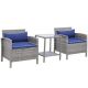 3-Piece Rattan Wicker Bistro Set Outdoor Patio Conversation Coffee Sets with Soft Blue Cushion, Glass Table Top