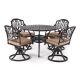 LAUREL CANYON Classic Dark Brown 5-Piece Cast Aluminum Round Outdoor Dining Set w/ Table and Swivel Dining Chairs Beige Cushion