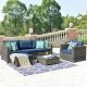 XIZZI Ontario Lake Gray 6-Piece Wicker Outdoor Patio Conversation Seating Set w/ Denim Blue Cushions