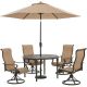 Hanover Brigantine 5-pc Aluminum Outdoor Dining Set with 4 Swivel Rockers, Round Cast-Top Table, 9 ft. Umbrella and Base