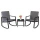 Black 3-Piece Wicker Outdoor Bistro Set Rocking Chairs w/ Washed Grey Cushion