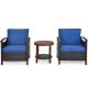 3-Piece Wicker Patio Conversation Set w/ Blue Cushions and 2-Tier Round Acacia Wood Table