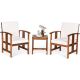 3-Piece Acacia Wood Patio Conversation Set with White Cushions Ergonomic Outdoor Furniture Sets