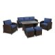 6-Piece Wicker Patio Conversation Set w/ Blue Cushions and Ottomans