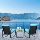 3-Piece Wicker Patio Conversation Set Outdoor Bistro Furniture Set 2 Rocking Chairs, Glass Side Table w/ Blue Cushions