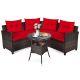 Costway 4-Piece Wicker Rectangular Patio Conversation Set w/ Red Cushions