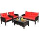 Costway 4-pc Wicker Patio Conversation Sectional Seating Set Outdoor Patio Rattan Furniture Set With Red Cushions