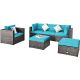 Costway 6-Piece Wicker Patio Conversation Set Cushion Sofa Coffee Table Ottoman w/ Turquoise Cushion