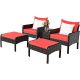 Costway Brown 5-Piece Rattan Wicker Patio Conversation Ottoman Sofa Coffee Table Set w/ Red Cushion
