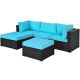 Costway Ottoman 5-Piece Patio Rattan Sectional Conversation Set w/ Turquoise Cushions