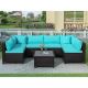 7-Piece Black PE Rattan Wicker Patio Set, U-Shape Outdoor Sectional Furniture Set with Table, Blue Cushions and Pillows