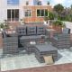 5-Piece Outdoor PE Wicker Patio Sofa Set with Storage Bench Conversation Set with Glass Table and Gray Cushions