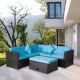 Brown 4-Piece Outdoor PE Rattan Wicker Patio Furniture Set Conversation Sofa Set with Table, Pillows and Blue Cushions