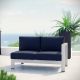 MODWAY Shore Aluminum Right Arm Outdoor Sectional Chair Loveseat in Silver w/ Navy Cushions