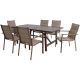 Hanover Fairhope 6 Padded Sling Chairs and a 7-pc Steel Outdoor Dining Set with 74 in. x 40 in. Trestle Table in Tan