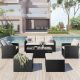 Black 6-Piece Wicker Outdoor Dining Conversation Sectional Set with Beige Cushions, Coffee Table, Ottomans
