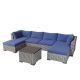 7-Piece Wicker Rattan Patio Outdoor Sofa Group w/ Blue Cushions