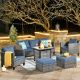 XIZZI Megon Holly 6-Piece Wicker Outdoor Patio Fire Pit Seating Sofa Set w/ Denim Blue Cushions