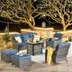 XIZZI Erie Lake Gray 6-Piece Wicker Outdoor Patio Fire Pit Seating Sofa Set and w/ Denim Blue Cushions