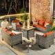 Michigan 6-Piece Wicker Outdoor Patio Fire Pit Seating Sofa Set and with Orange Red Cushions and Swivel Rocking Chairs