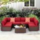7-Piece PE Wicker Outdoor Sofa Sectional Set with Red Cushions for Garden, Lawn, Balcony