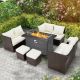 7-Piece Wicker Patio Conversation Set with Beige Cushions with 44 in. 50,000 BTU Propane Gas Fire Pit with Wind Guard