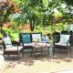 Costway Brown 4-Pieces Wicker Patio Conversation Set Coffee Table with Cream Cushions