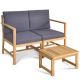 Costway 3-Piece Wood Patio Conversation Set Garden Furniture with Gray Cushions