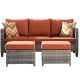Vultros Gray 3-Piece Wicker Outdoor Patio Seating Set w/ Orange Red Cushions-one 3-Seat Sofa and 2 Ottomans