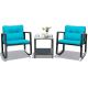 Gymax 3-Pieces Rattan Rocking Chair Table Set Patio Furniture Set w/ Blue Cushions