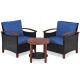 3-Pieces Patio Wicker Rattan Conversation Set Outdoor Furniture Set w/ Blue Cushion