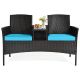 Gymax 3 pc. Rattan Wicker Patio Conversation Set w/ Loveseat Table and Turquoise Cushions