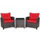 Gymax 3-Pieces Rattan Outdoor Patio Conversation Set with Coffee Table, Red Cushion