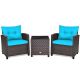 Gymax 3-Pieces Rattan Outdoor Patio Conversation Set w/ Coffee Table Turquoise Cushion