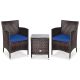 3-Piece Rattan Patio Chair and Table Furniture Set Outdoor w/ Navy Cushion
