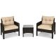 Brown Rattan 3-Piece Wicker Patio Outdoor Furniture Set Chairs Coffee Table w/ Yellowish Cushion