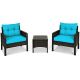 Rattan 3-Piece Wicker Patio Outdoor Furniture Set Coffee Table w/ Turquoise Cushion