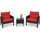 3-Pieces Patio Outdoor Rattan Furniture Set w/ Coffee Table Red Cushion