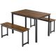 Modern 3-Pieces Dining Table Bench Set with Metal Frame and Wooden Tabletop Brown